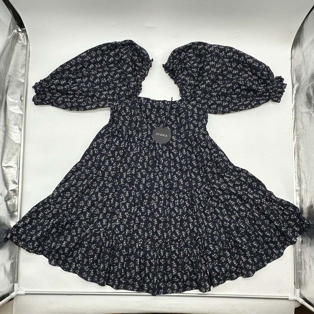 Storia Size Small Navy Floral Print Crinkle Puff Sleeve Babydoll Mini Dress NWT